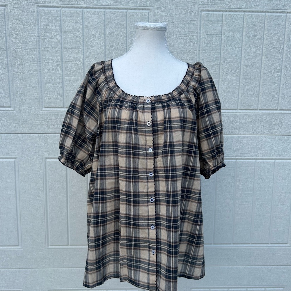 Neuflora Glenview Plaid Button-Up Puff Sleeve Blouse